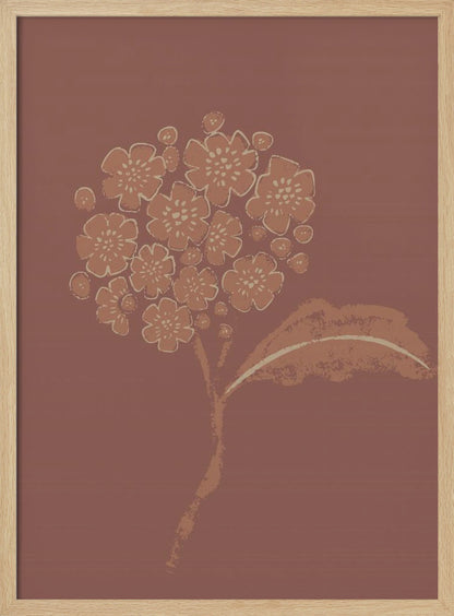 A stylized illustration of a single flower stalk with a round cluster of blossoms, similar to a hydrangea. The artwork is created in a limited palette of terracotta and cream against a solid dusty rose background, giving it a minimalist, block-print feel. The image is presented within a simple black frame. Decor