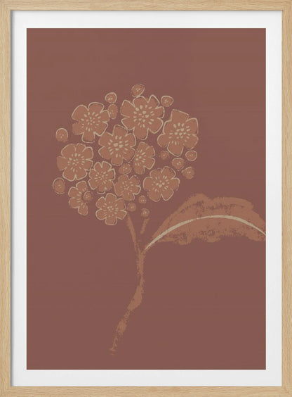 A stylized illustration of a single flower stalk with a round cluster of blossoms, similar to a hydrangea. The artwork is created in a limited palette of terracotta and cream against a solid dusty rose background, giving it a minimalist, block-print feel. The image is presented within a simple black frame. Decor