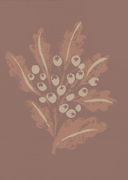 A framed vertical artwork featuring a stylized botanical illustration. Against a solid mauve-brown background, a cluster of cream-colored berries sits amidst textured, rust-colored leaves on a central stem. The artwork has a minimalist, textured, block-print aesthetic. Artwork