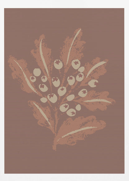 A framed vertical artwork featuring a stylized botanical illustration. Against a solid mauve-brown background, a cluster of cream-colored berries sits amidst textured, rust-colored leaves on a central stem. The artwork has a minimalist, textured, block-print aesthetic. Artwork