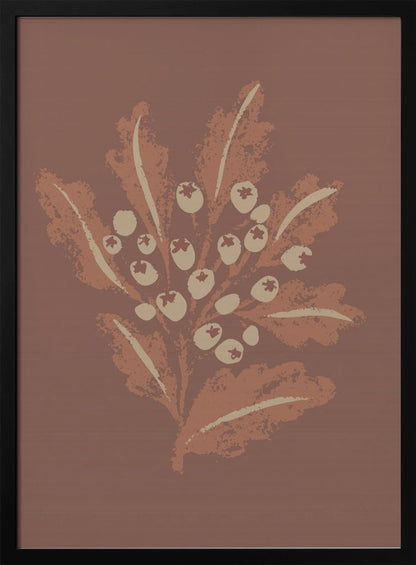 A framed vertical artwork featuring a stylized botanical illustration. Against a solid mauve-brown background, a cluster of cream-colored berries sits amidst textured, rust-colored leaves on a central stem. The artwork has a minimalist, textured, block-print aesthetic. Artwork
