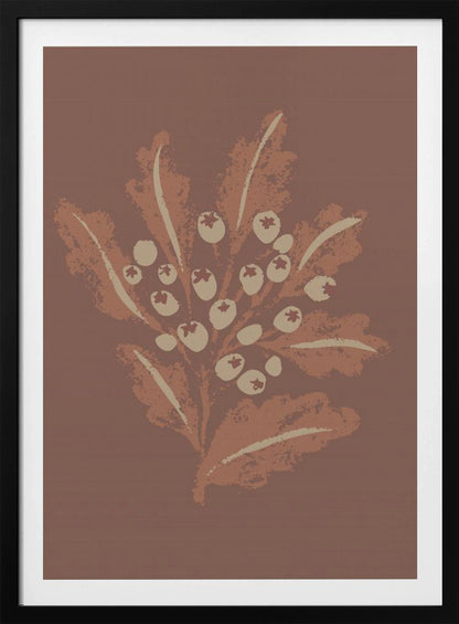 A framed vertical artwork featuring a stylized botanical illustration. Against a solid mauve-brown background, a cluster of cream-colored berries sits amidst textured, rust-colored leaves on a central stem. The artwork has a minimalist, textured, block-print aesthetic. Artwork