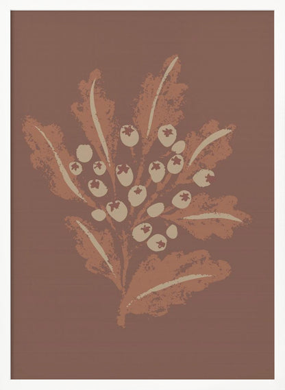 A framed vertical artwork featuring a stylized botanical illustration. Against a solid mauve-brown background, a cluster of cream-colored berries sits amidst textured, rust-colored leaves on a central stem. The artwork has a minimalist, textured, block-print aesthetic. Artwork