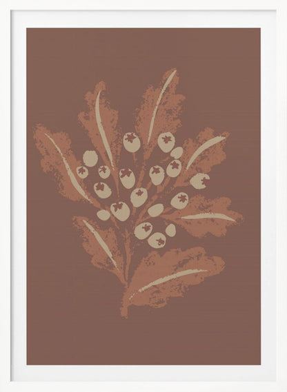 A framed vertical artwork featuring a stylized botanical illustration. Against a solid mauve-brown background, a cluster of cream-colored berries sits amidst textured, rust-colored leaves on a central stem. The artwork has a minimalist, textured, block-print aesthetic. Artwork