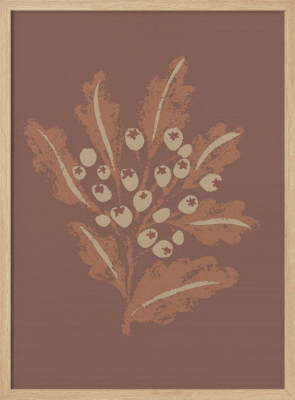 A framed vertical artwork featuring a stylized botanical illustration. Against a solid mauve-brown background, a cluster of cream-colored berries sits amidst textured, rust-colored leaves on a central stem. The artwork has a minimalist, textured, block-print aesthetic. Artwork