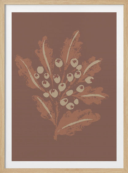 A framed vertical artwork featuring a stylized botanical illustration. Against a solid mauve-brown background, a cluster of cream-colored berries sits amidst textured, rust-colored leaves on a central stem. The artwork has a minimalist, textured, block-print aesthetic. Artwork