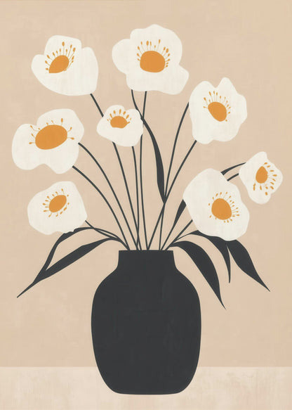 A modern, minimalist illustration of a bouquet of white poppy-like flowers with orange centers arranged in a solid black vase. The artwork features thin black stems and leaves against a muted beige background, all enclosed in a simple black frame. Artwork