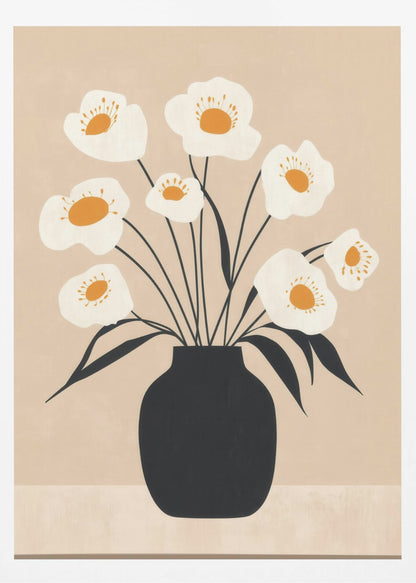 A modern, minimalist illustration of a bouquet of white poppy-like flowers with orange centers arranged in a solid black vase. The artwork features thin black stems and leaves against a muted beige background, all enclosed in a simple black frame. Artwork