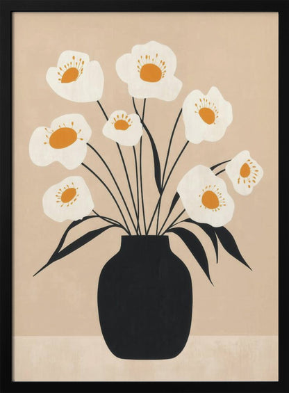 A modern, minimalist illustration of a bouquet of white poppy-like flowers with orange centers arranged in a solid black vase. The artwork features thin black stems and leaves against a muted beige background, all enclosed in a simple black frame. Artwork