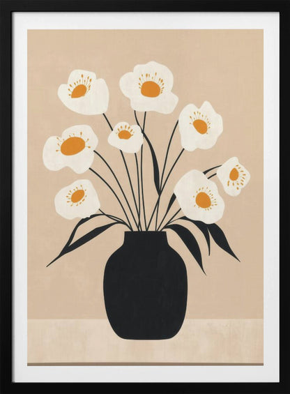 A modern, minimalist illustration of a bouquet of white poppy-like flowers with orange centers arranged in a solid black vase. The artwork features thin black stems and leaves against a muted beige background, all enclosed in a simple black frame. Artwork