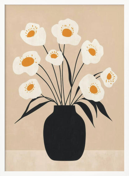A modern, minimalist illustration of a bouquet of white poppy-like flowers with orange centers arranged in a solid black vase. The artwork features thin black stems and leaves against a muted beige background, all enclosed in a simple black frame. Artwork