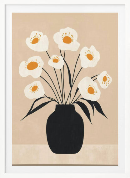 A modern, minimalist illustration of a bouquet of white poppy-like flowers with orange centers arranged in a solid black vase. The artwork features thin black stems and leaves against a muted beige background, all enclosed in a simple black frame. Artwork