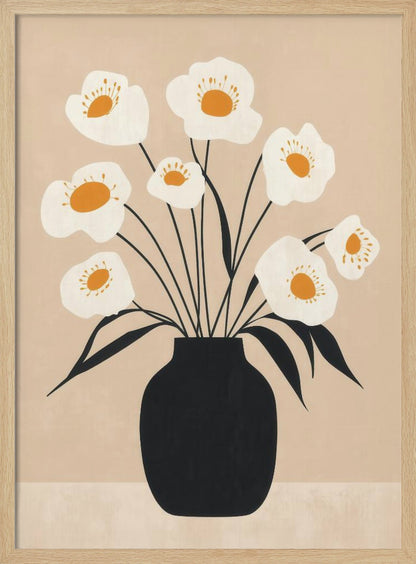 A modern, minimalist illustration of a bouquet of white poppy-like flowers with orange centers arranged in a solid black vase. The artwork features thin black stems and leaves against a muted beige background, all enclosed in a simple black frame. Artwork