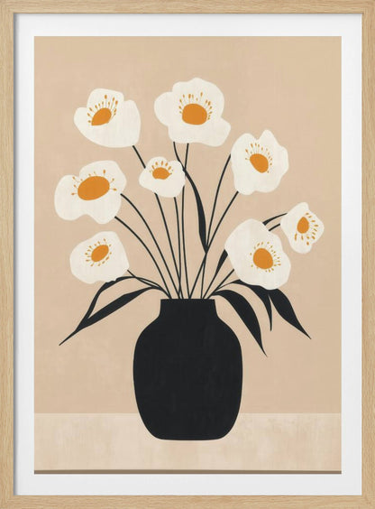 A modern, minimalist illustration of a bouquet of white poppy-like flowers with orange centers arranged in a solid black vase. The artwork features thin black stems and leaves against a muted beige background, all enclosed in a simple black frame. Artwork