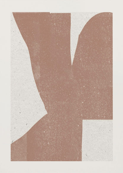 A minimalist abstract art print featuring a large, textured, terracotta brown shape against a speckled off-white background, framed in a simple black frame. Print
