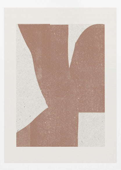 A minimalist abstract art print featuring a large, textured, terracotta brown shape against a speckled off-white background, framed in a simple black frame. Print
