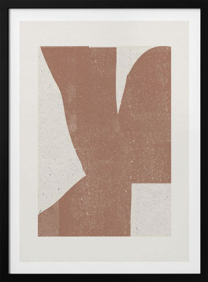 A minimalist abstract art print featuring a large, textured, terracotta brown shape against a speckled off-white background, framed in a simple black frame. Print