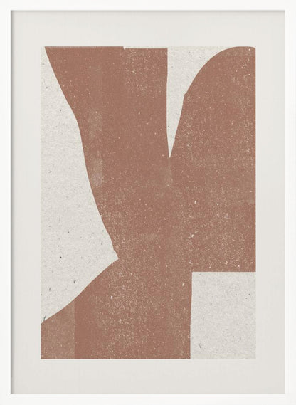 A minimalist abstract art print featuring a large, textured, terracotta brown shape against a speckled off-white background, framed in a simple black frame. Print