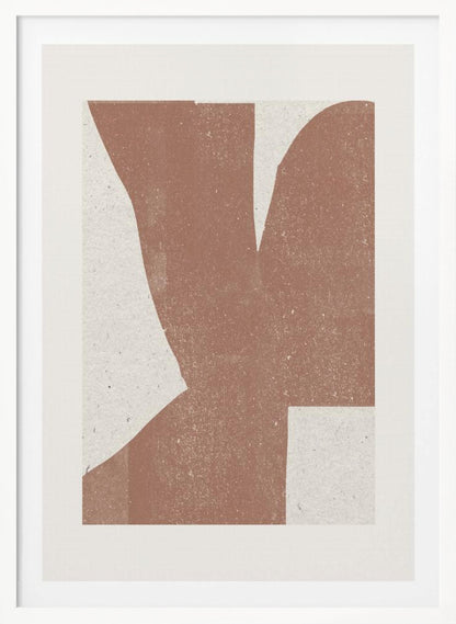 A minimalist abstract art print featuring a large, textured, terracotta brown shape against a speckled off-white background, framed in a simple black frame. Print