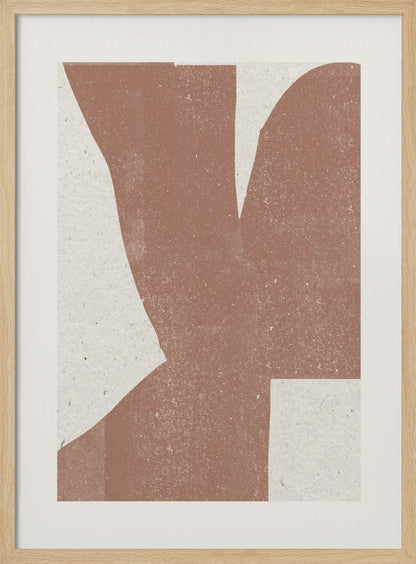 A minimalist abstract art print featuring a large, textured, terracotta brown shape against a speckled off-white background, framed in a simple black frame. Print