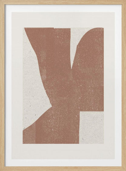 A minimalist abstract art print featuring a large, textured, terracotta brown shape against a speckled off-white background, framed in a simple black frame. Print