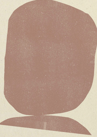 A minimalist abstract art print featuring two stacked organic shapes in a textured, dusty terracotta color against a light beige background, all enclosed in a thin black frame. Artwork