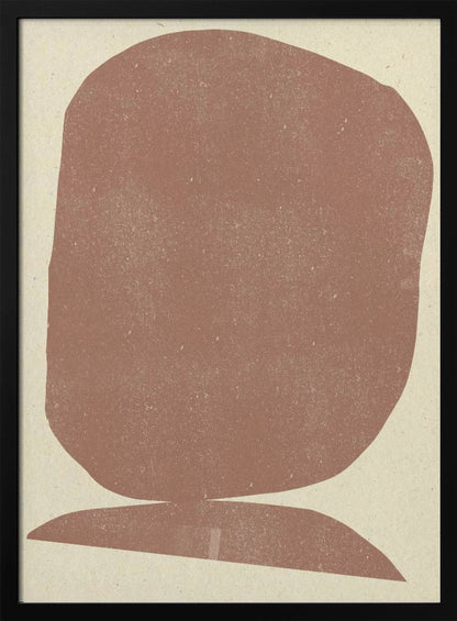 A minimalist abstract art print featuring two stacked organic shapes in a textured, dusty terracotta color against a light beige background, all enclosed in a thin black frame. Artwork