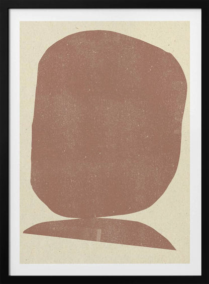 A minimalist abstract art print featuring two stacked organic shapes in a textured, dusty terracotta color against a light beige background, all enclosed in a thin black frame. Artwork