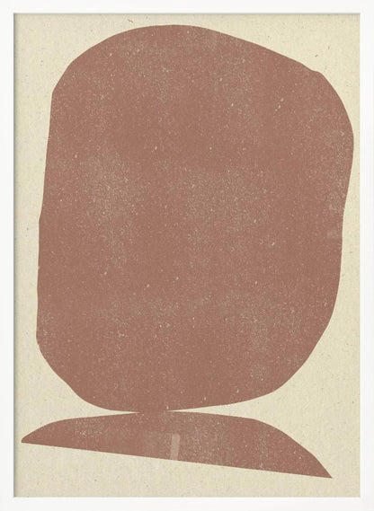 A minimalist abstract art print featuring two stacked organic shapes in a textured, dusty terracotta color against a light beige background, all enclosed in a thin black frame. Artwork