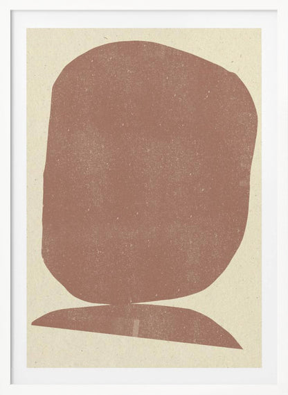 A minimalist abstract art print featuring two stacked organic shapes in a textured, dusty terracotta color against a light beige background, all enclosed in a thin black frame. Artwork