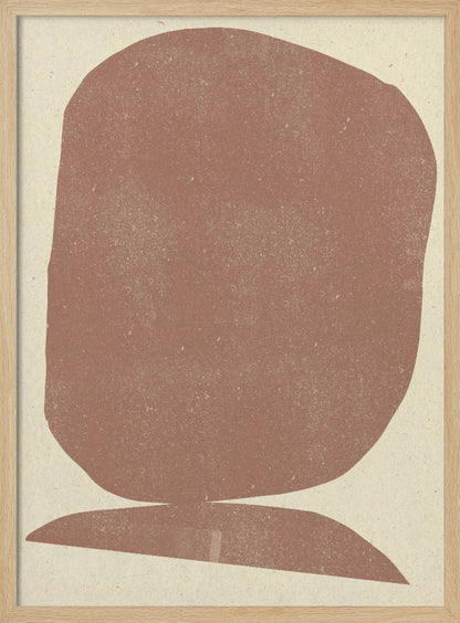 A minimalist abstract art print featuring two stacked organic shapes in a textured, dusty terracotta color against a light beige background, all enclosed in a thin black frame. Artwork