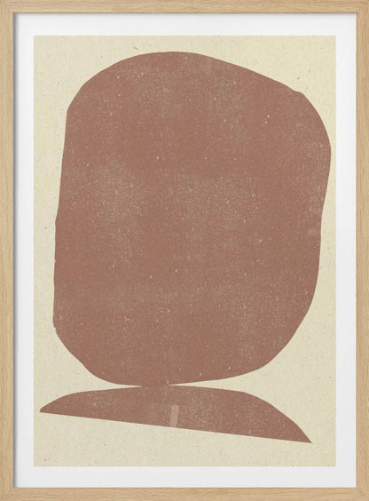 A minimalist abstract art print featuring two stacked organic shapes in a textured, dusty terracotta color against a light beige background, all enclosed in a thin black frame. Artwork