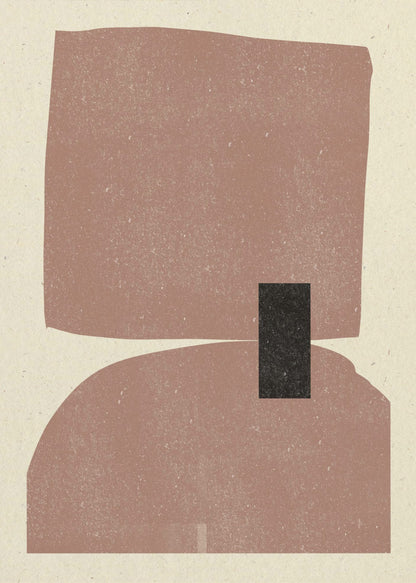 A minimalist abstract art print in a black frame, featuring two large, textured dusty-rose shapes stacked vertically against a cream background. The top shape is an irregular rectangle and the bottom is a dome shape, with a small black rectangle overlapping them in the center. Decor