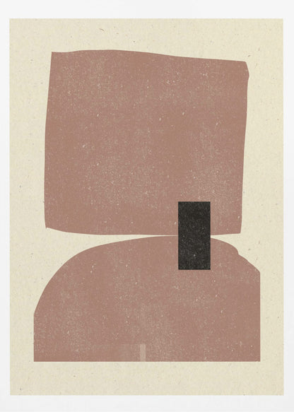 A minimalist abstract art print in a black frame, featuring two large, textured dusty-rose shapes stacked vertically against a cream background. The top shape is an irregular rectangle and the bottom is a dome shape, with a small black rectangle overlapping them in the center. Decor