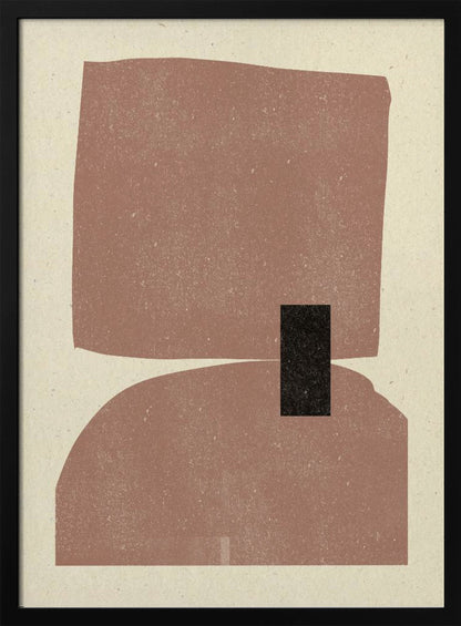 A minimalist abstract art print in a black frame, featuring two large, textured dusty-rose shapes stacked vertically against a cream background. The top shape is an irregular rectangle and the bottom is a dome shape, with a small black rectangle overlapping them in the center. Decor