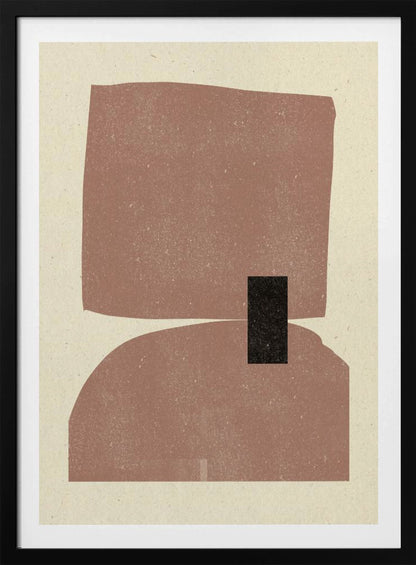 A minimalist abstract art print in a black frame, featuring two large, textured dusty-rose shapes stacked vertically against a cream background. The top shape is an irregular rectangle and the bottom is a dome shape, with a small black rectangle overlapping them in the center. Decor