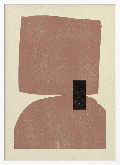 A minimalist abstract art print in a black frame, featuring two large, textured dusty-rose shapes stacked vertically against a cream background. The top shape is an irregular rectangle and the bottom is a dome shape, with a small black rectangle overlapping them in the center. Decor