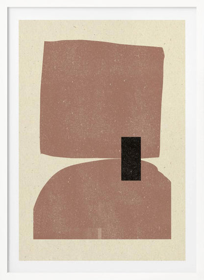 A minimalist abstract art print in a black frame, featuring two large, textured dusty-rose shapes stacked vertically against a cream background. The top shape is an irregular rectangle and the bottom is a dome shape, with a small black rectangle overlapping them in the center. Decor
