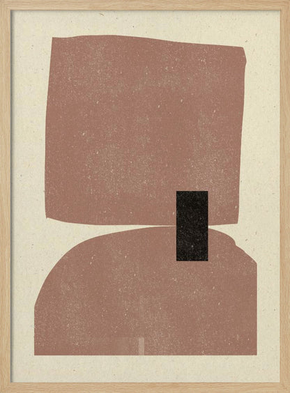A minimalist abstract art print in a black frame, featuring two large, textured dusty-rose shapes stacked vertically against a cream background. The top shape is an irregular rectangle and the bottom is a dome shape, with a small black rectangle overlapping them in the center. Decor