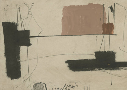 An abstract painting with a beige background featuring bold, black brushstrokes and a large, muted brown rectangular shape. Thin, erratic black lines are scrawled across the canvas, intersecting with the colored forms. The entire piece is framed in a simple silver frame. Wall Art