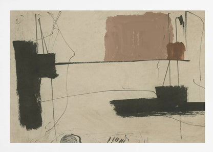 An abstract painting with a beige background featuring bold, black brushstrokes and a large, muted brown rectangular shape. Thin, erratic black lines are scrawled across the canvas, intersecting with the colored forms. The entire piece is framed in a simple silver frame. Wall Art