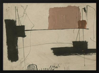 An abstract painting with a beige background featuring bold, black brushstrokes and a large, muted brown rectangular shape. Thin, erratic black lines are scrawled across the canvas, intersecting with the colored forms. The entire piece is framed in a simple silver frame. Wall Art