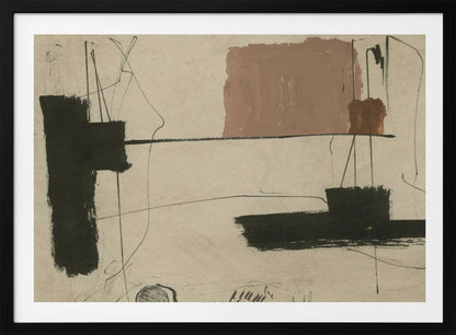 An abstract painting with a beige background featuring bold, black brushstrokes and a large, muted brown rectangular shape. Thin, erratic black lines are scrawled across the canvas, intersecting with the colored forms. The entire piece is framed in a simple silver frame. Wall Art