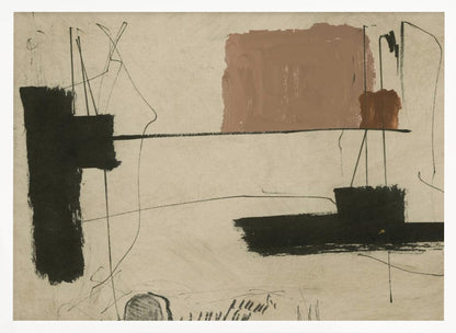 An abstract painting with a beige background featuring bold, black brushstrokes and a large, muted brown rectangular shape. Thin, erratic black lines are scrawled across the canvas, intersecting with the colored forms. The entire piece is framed in a simple silver frame. Wall Art