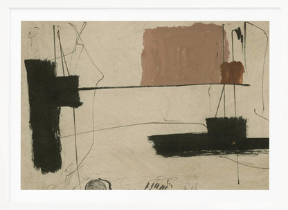 An abstract painting with a beige background featuring bold, black brushstrokes and a large, muted brown rectangular shape. Thin, erratic black lines are scrawled across the canvas, intersecting with the colored forms. The entire piece is framed in a simple silver frame. Wall Art