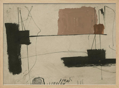 An abstract painting with a beige background featuring bold, black brushstrokes and a large, muted brown rectangular shape. Thin, erratic black lines are scrawled across the canvas, intersecting with the colored forms. The entire piece is framed in a simple silver frame. Wall Art