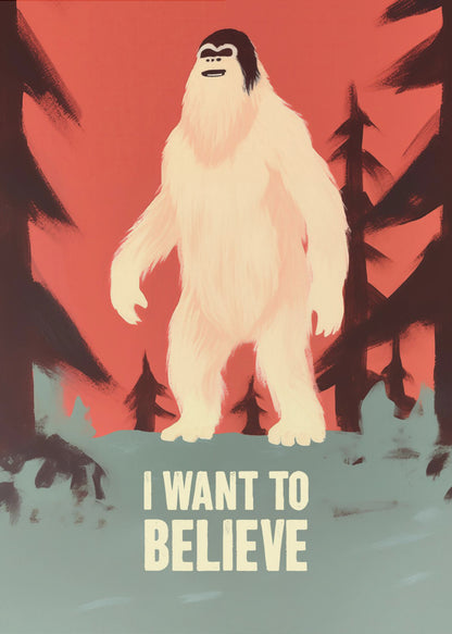A stylized poster of a white Yeti or Sasquatch standing in a dark forest against a red-orange sky. At the bottom, the words 'I WANT TO BELIEVE' are printed in large, off-white letters. Print
