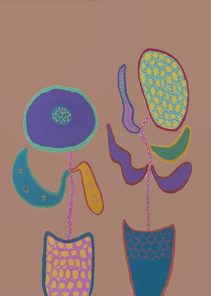 A whimsical, naive-style painting of two brightly colored, abstract flowers in patterned pots against a solid muted brown background, framed in black. Print