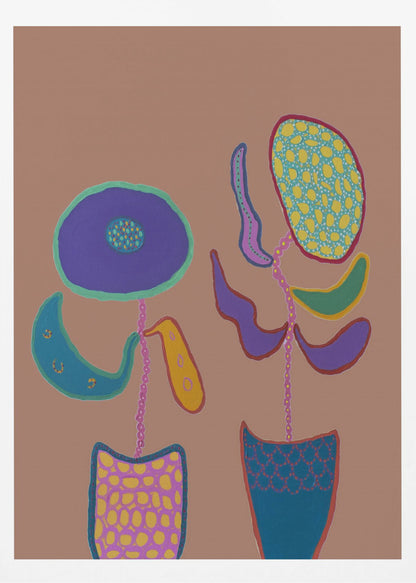 A whimsical, naive-style painting of two brightly colored, abstract flowers in patterned pots against a solid muted brown background, framed in black. Print