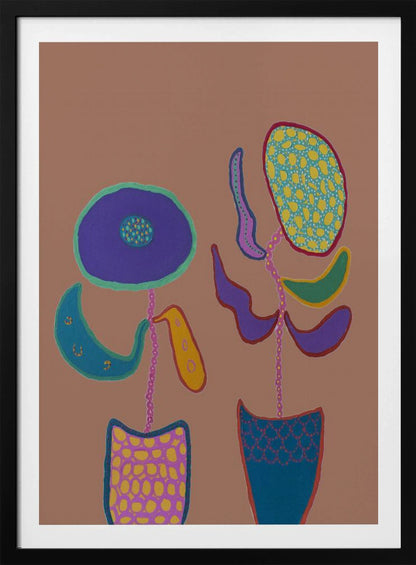 A whimsical, naive-style painting of two brightly colored, abstract flowers in patterned pots against a solid muted brown background, framed in black. Print